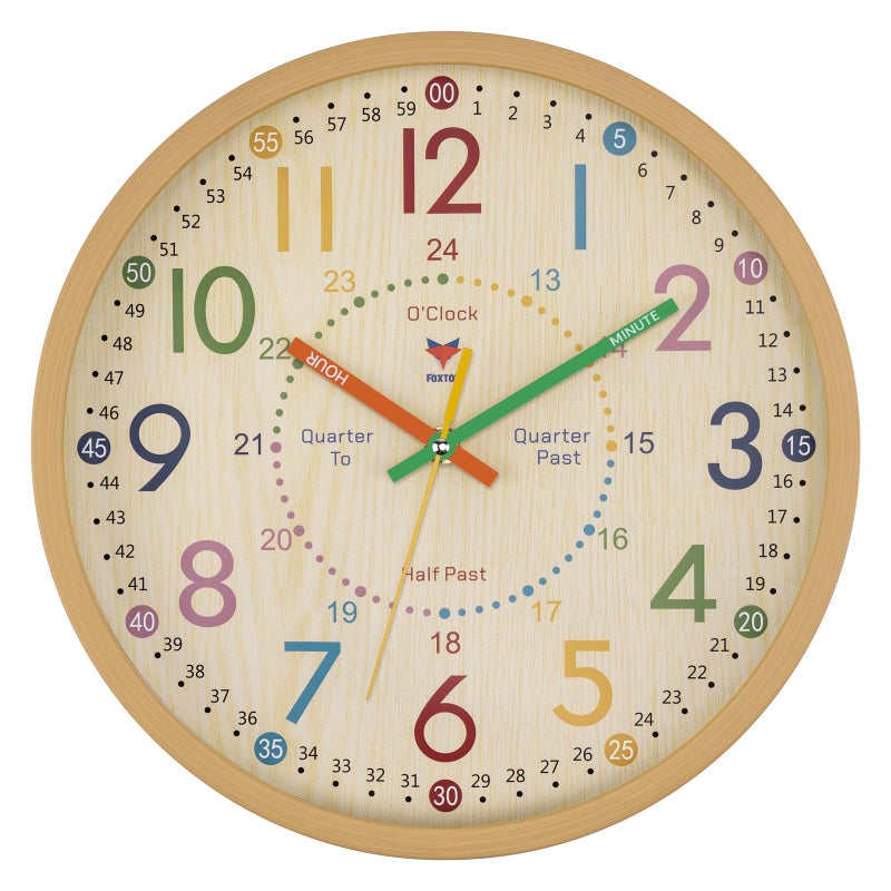 Foxtop Learning Clock for Kids - Telling Time Teaching Clock 12 Inch Silent Non-Ticking Battery Operated Kids Wall Clock for Kids Room Playroom Nursery Classroom School - Image 1