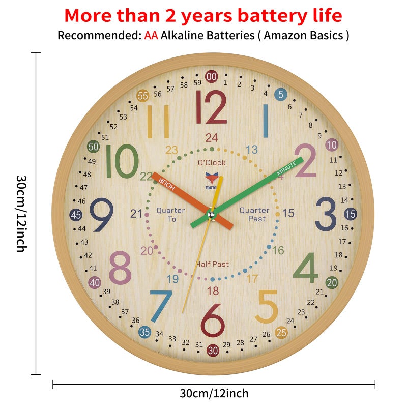 Foxtop Learning Clock for Kids - Telling Time Teaching Clock 12 Inch Silent Non-Ticking Battery Operated Kids Wall Clock for Kids Room Playroom Nursery Classroom School - Image 2