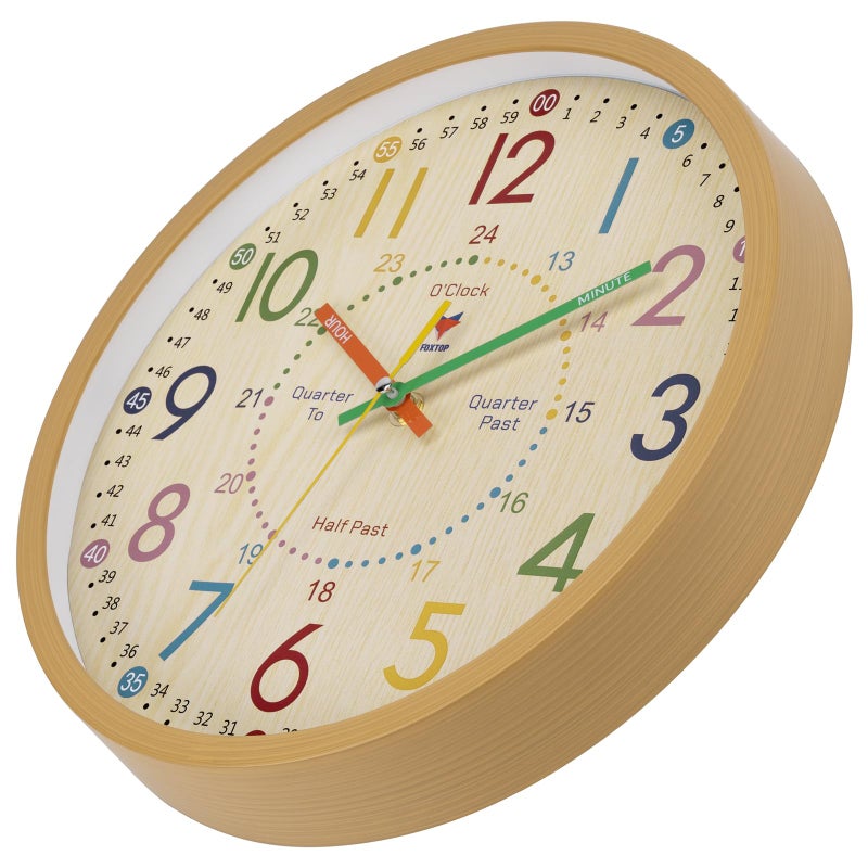 Foxtop Learning Clock for Kids - Telling Time Teaching Clock 12 Inch Silent Non-Ticking Battery Operated Kids Wall Clock for Kids Room Playroom Nursery Classroom School - Image 5