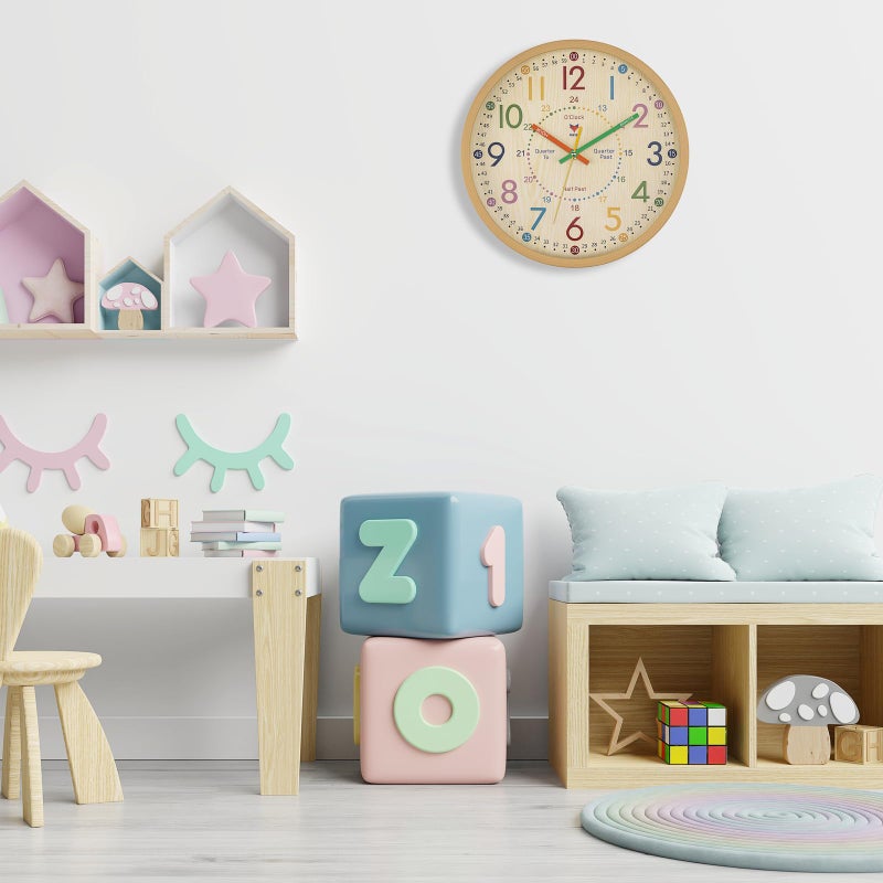 Foxtop Learning Clock for Kids - Telling Time Teaching Clock 12 Inch Silent Non-Ticking Battery Operated Kids Wall Clock for Kids Room Playroom Nursery Classroom School - Image 4