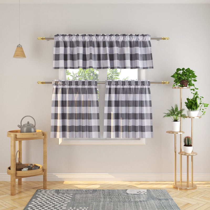 Natus Weaver 3 PC Cotton Classic Country Farmhouse Kitchen Window Curtain -Grey & White Buffalo Check Tier & Valance Set 54 "X 18" " / 27" "x 36" - Image 1