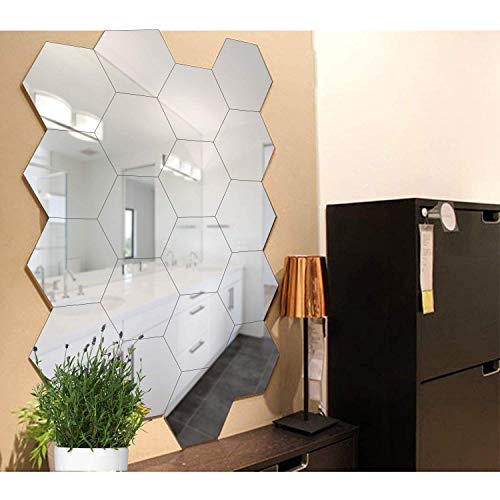 WallDaddy - 20 Hexagonal Silver Wall Decor 3D Acrylic Decorative Mirror for Wall Stickers for Bedroom | Mirror Stickers for Home & Office Large Size (10.5 x 12.1) Cm, Unframed - Image 1