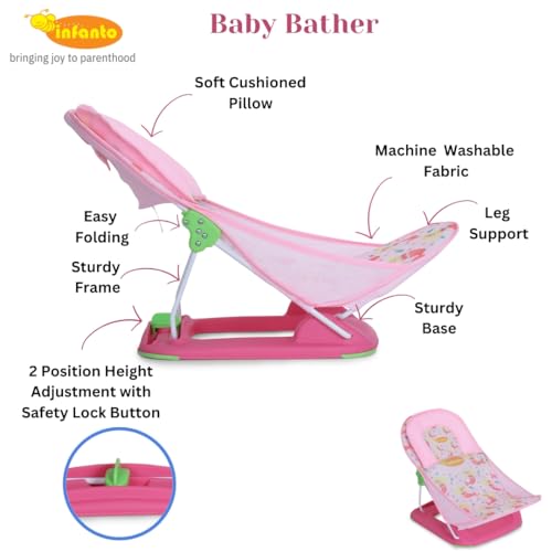 Infanto Baby Bather – Adjustable, Non-Slip & Foldable Bath Seat Chair for Newborns (0-12 Months) (Pink) - Image 3