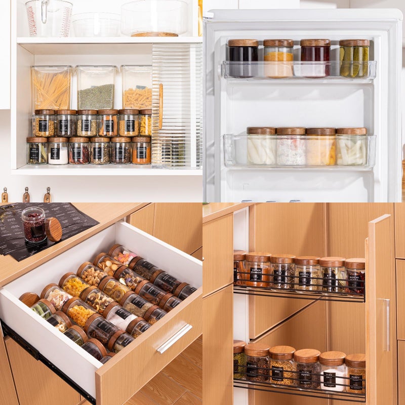 Yangbaga 12Pcs Glass Spice Jars with Labels-8oz Acacia Wood Lid Square Spice Containers,Seasoning Jars for Rack Cabinet Drawer,KitchenPantry Daily Use - Image 5