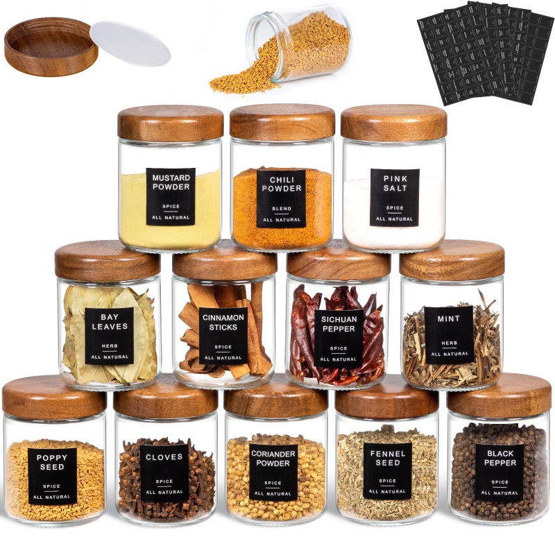 Yangbaga 12Pcs Glass Spice Jars with Labels-8oz Acacia Wood Lid Square Spice Containers,Seasoning Jars for Rack Cabinet Drawer,KitchenPantry Daily Use - Image 1
