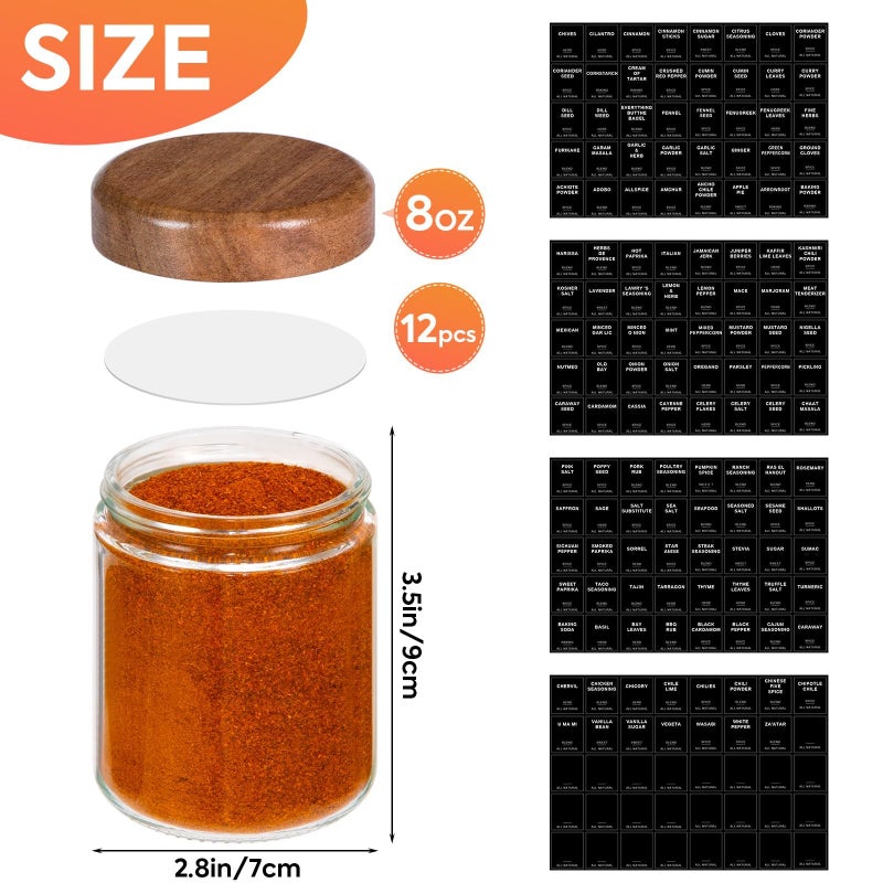 Yangbaga 12Pcs Glass Spice Jars with Labels-8oz Acacia Wood Lid Square Spice Containers,Seasoning Jars for Rack Cabinet Drawer,KitchenPantry Daily Use - Image 2