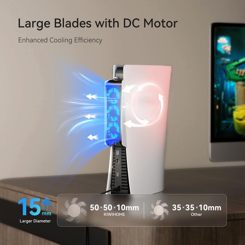 KIWIHOME Cooling Fan for PS5 Accessories, Upgraded Quiet Cooler Fan with Auto Speed, Controller USB3.0 Port & LED for PS5 2020 Only, Not for PlayStation 5 Slim/Pro, White - Image 2