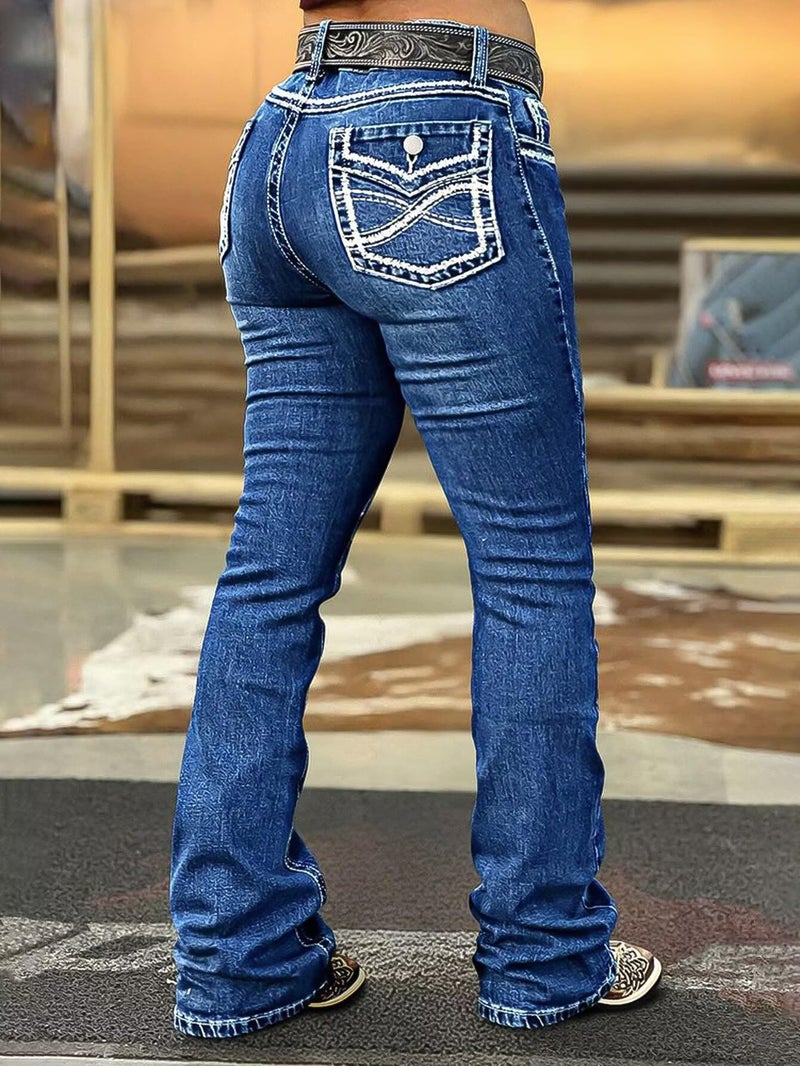 Flamingals Boot Cut Jeans for Women Stretchy Trendy Embroidered Tummy Control Butt Lifting Flare Denim Jeans Denim Blue L - Image 3