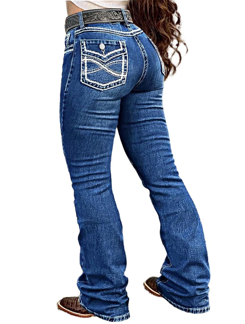 Flamingals Boot Cut Jeans for Women Stretchy Trendy Embroidered Tummy Control Butt Lifting Flare Denim Jeans Denim Blue L - Image 1