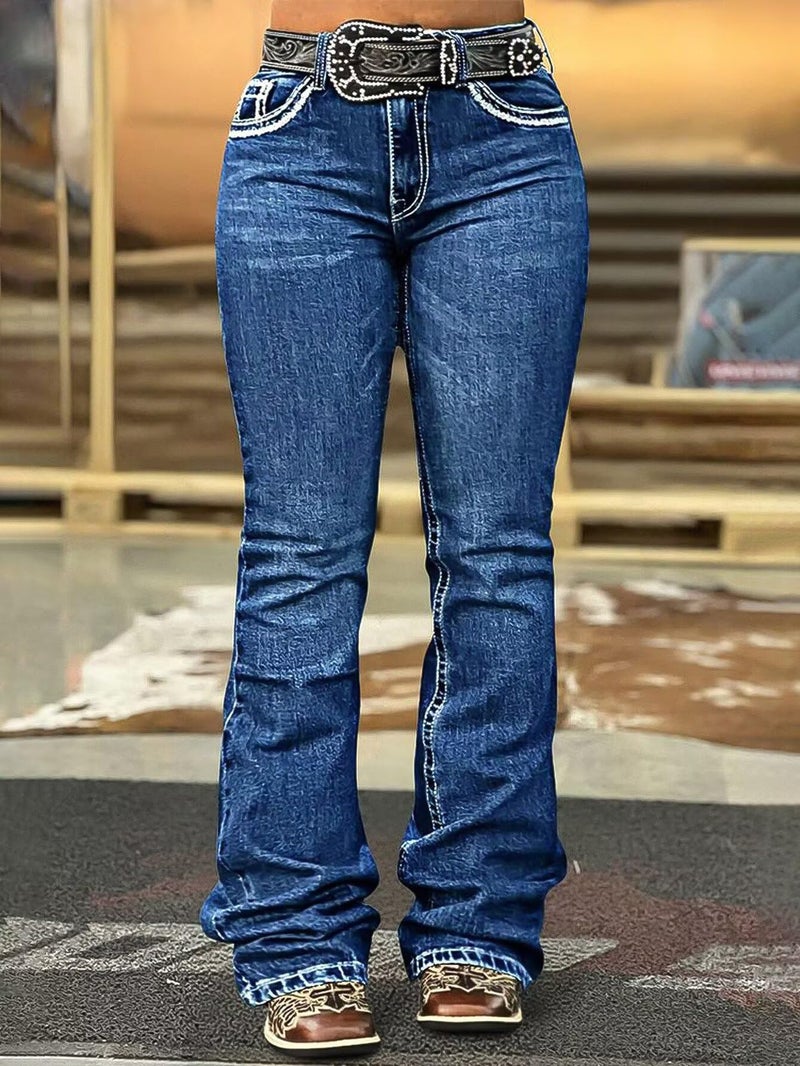 Flamingals Boot Cut Jeans for Women Stretchy Trendy Embroidered Tummy Control Butt Lifting Flare Denim Jeans Denim Blue L - Image 2