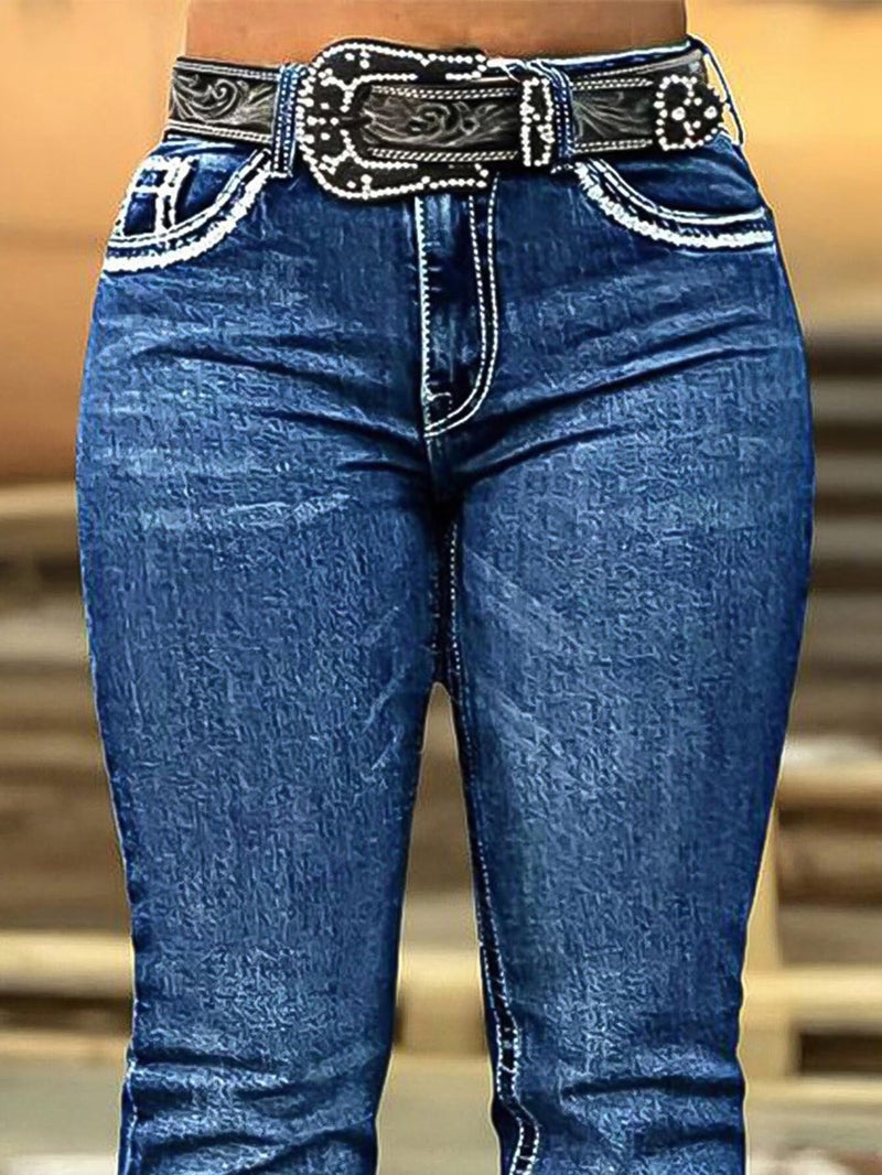 Flamingals Boot Cut Jeans for Women Stretchy Trendy Embroidered Tummy Control Butt Lifting Flare Denim Jeans Denim Blue L - Image 4
