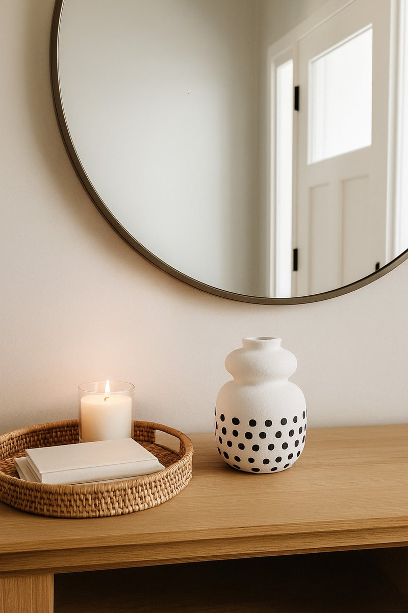 ماريا هومز مزهرية خزفية بيضاء طبيعية مع نقاط سوداء – مزهرية صغيرة منحنية مزخرفة - Image 2