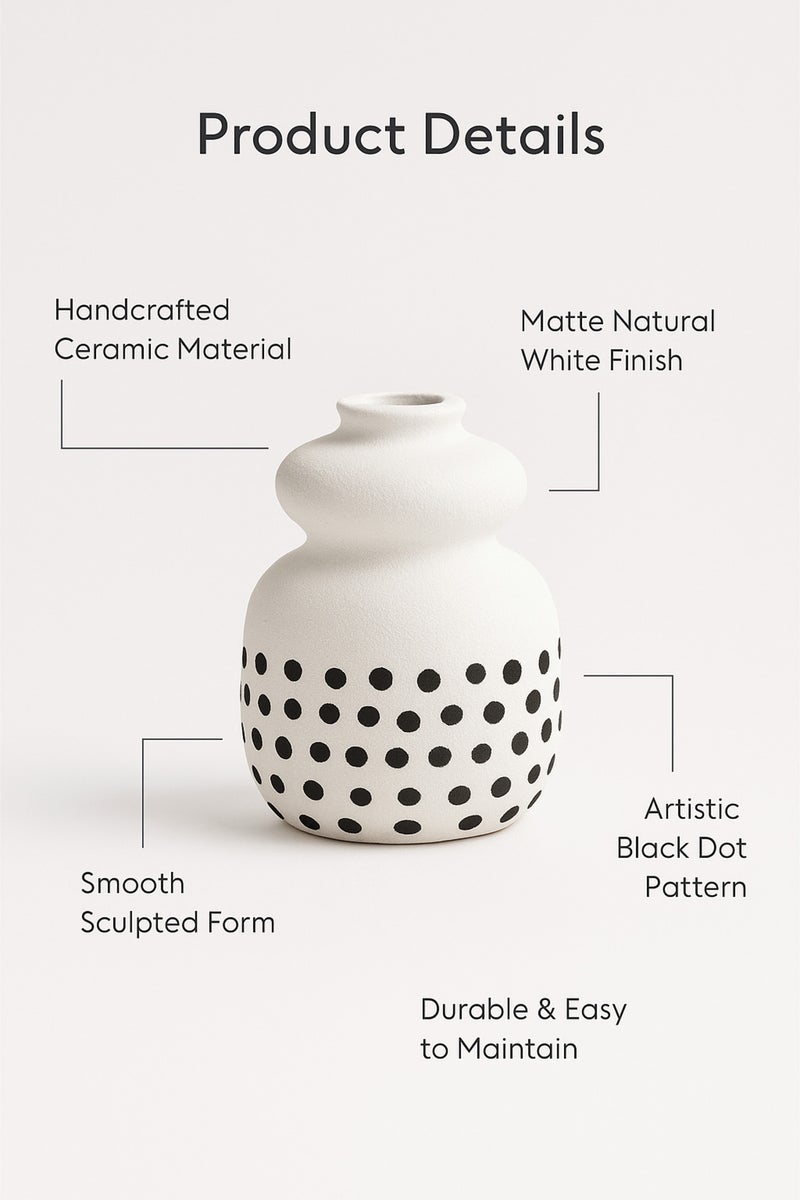 ماريا هومز مزهرية خزفية بيضاء طبيعية مع نقاط سوداء – مزهرية صغيرة منحنية مزخرفة - Image 4