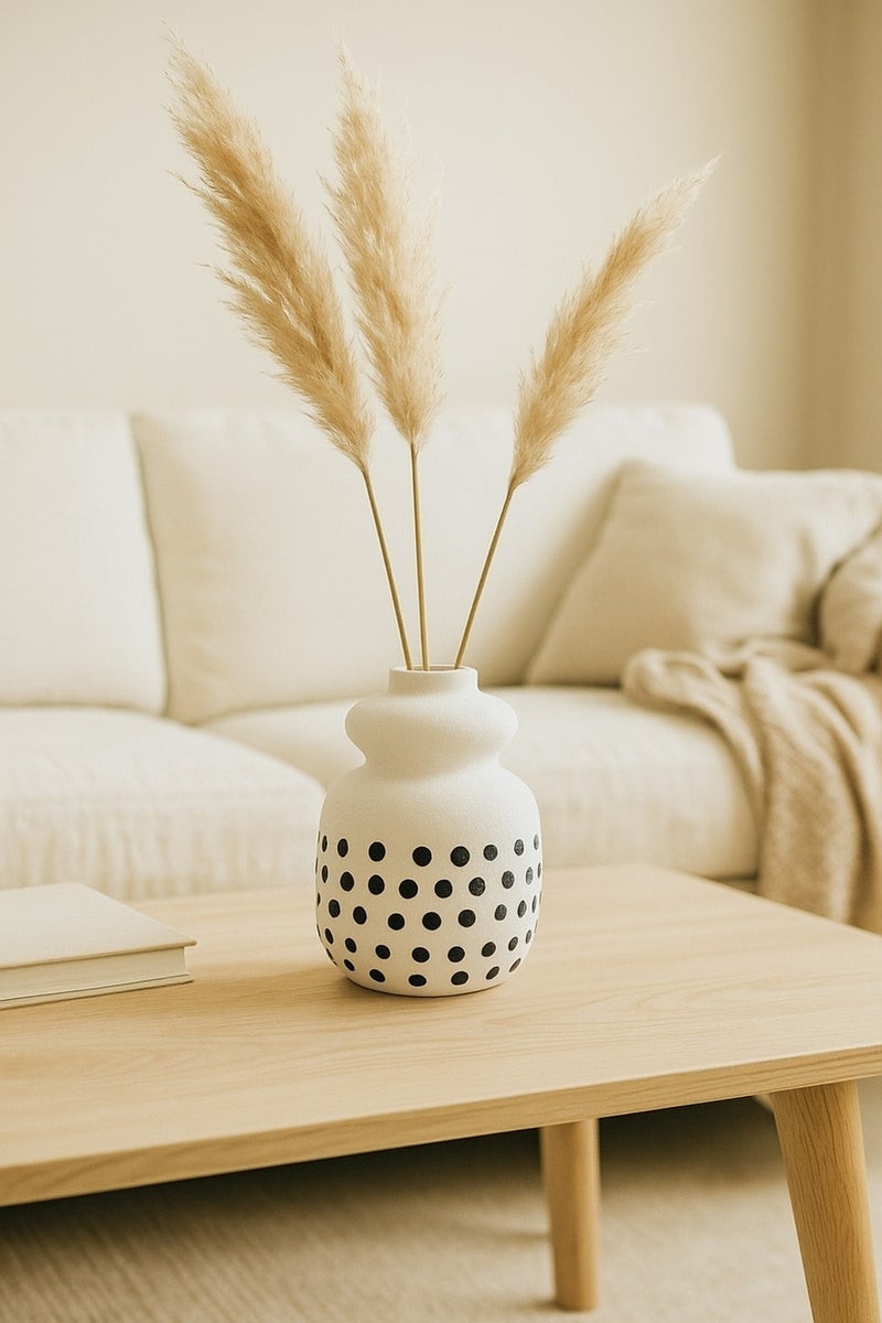 ماريا هومز مزهرية خزفية بيضاء طبيعية مع نقاط سوداء – مزهرية صغيرة منحنية مزخرفة - Image 1