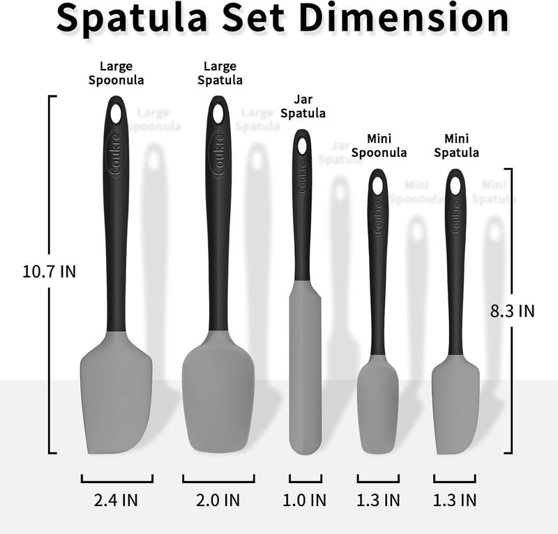 Coukre Silicone Spatula Set of 5,High Temperature Resistant, Food Grade Silicone, Dishwasher Safe, for Baking, Cooking (Gray) - Image 2