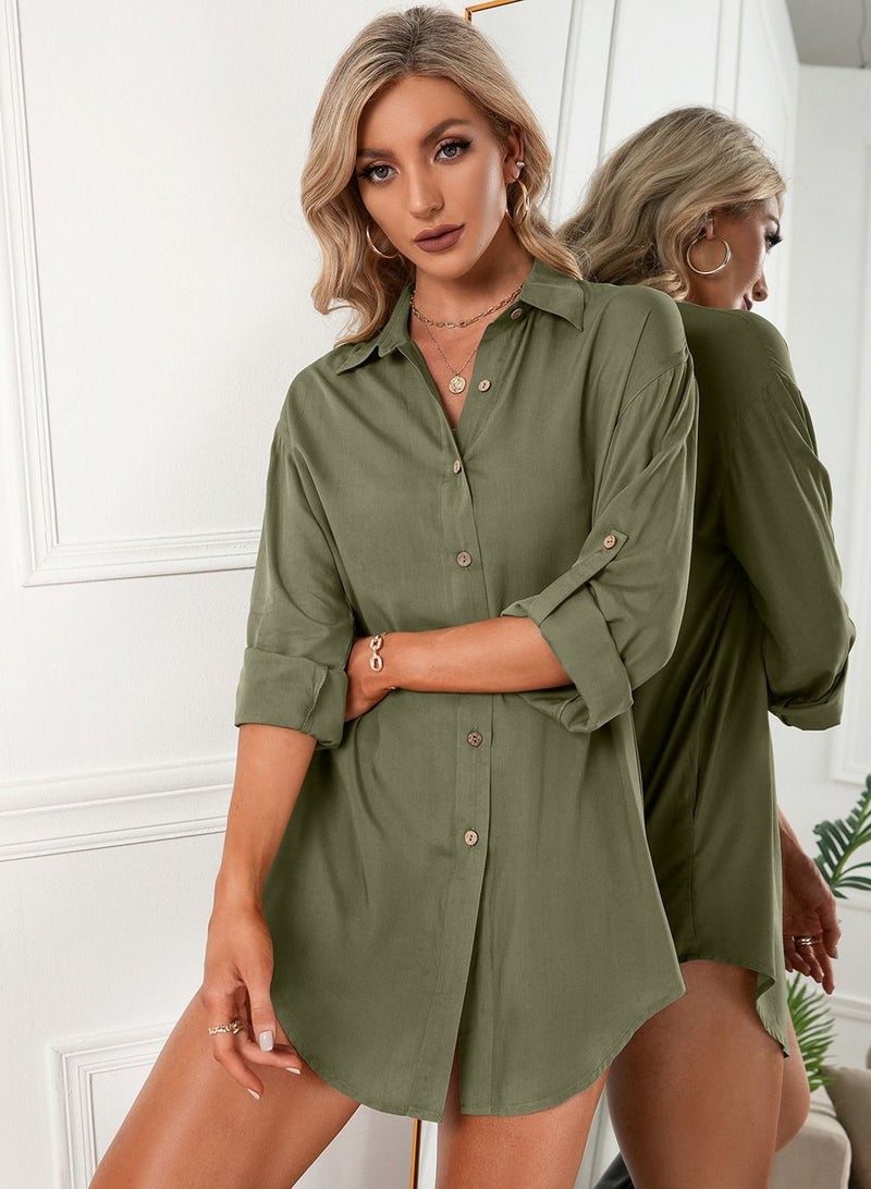 Loquat Casual Loose Single Breasted Shirt Dress Green - Image 2