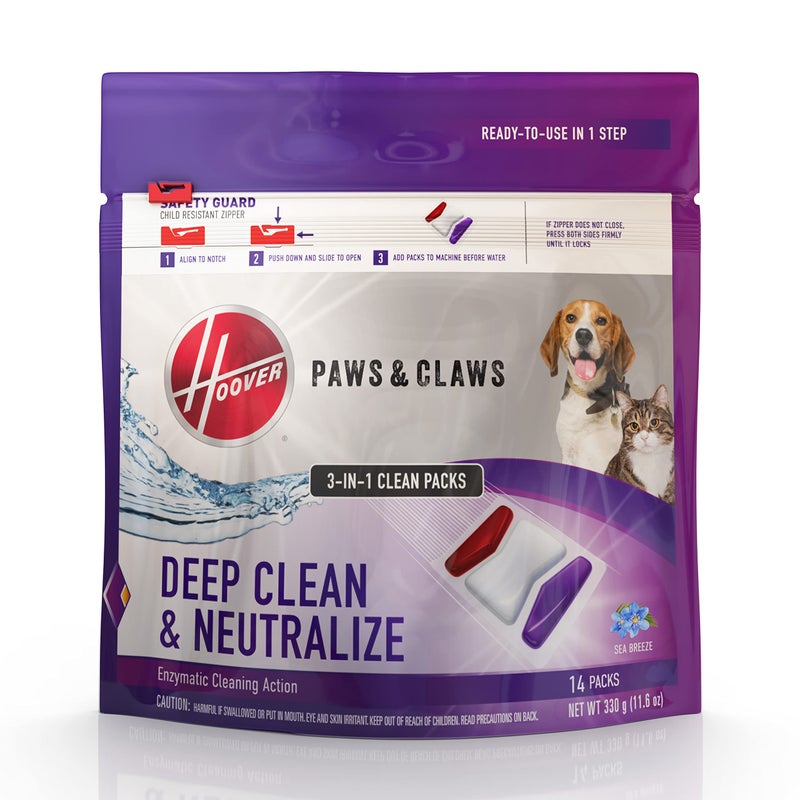 Hoover Paws & Claws Clean Packs, Sea Breeze Scent, Pre-Measured Concentrated Pack Solution, Tackles Tough Pet Messes & Stains, Pair Full Size Carpet Cleaning Machines - Image 1