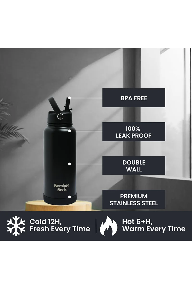 Bamboo Bark Bamboo Bark 1000 ML Insulated Water Bottle with Sipper Lid – Stainless Steel Double Wall Vacuum Flask for Hot & Cold Water Leak-Proof, Reusable Sports Thermos Bottle - (Black)