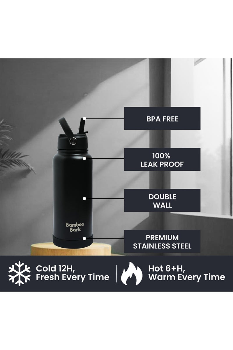 Bamboo Bark 1000 ML Insulated Water Bottle with Sipper Lid – Stainless Steel Double Wall Vacuum Flask for Hot & Cold Water Leak-Proof, Reusable Sports Thermos Bottle - (Black) - Image 2