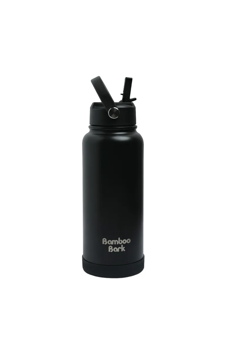Bamboo Bark Bamboo Bark 1000 ML Insulated Water Bottle with Sipper Lid – Stainless Steel Double Wall Vacuum Flask for Hot & Cold Water Leak-Proof, Reusable Sports Thermos Bottle - (Black)