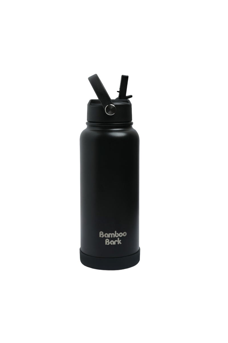 Bamboo Bark 1000 ML Insulated Water Bottle with Sipper Lid – Stainless Steel Double Wall Vacuum Flask for Hot & Cold Water Leak-Proof, Reusable Sports Thermos Bottle - (Black) - Image 1
