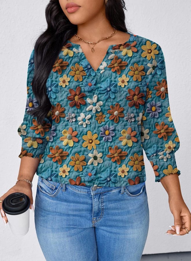TFSDOD Womens Plus Size Tops 3/4 Sleeve Blouses Summer V Neck Shirts Smocked Cuffs Spring Outfits 1X-5X, Blue Red Floral, XL Plus - Image 5