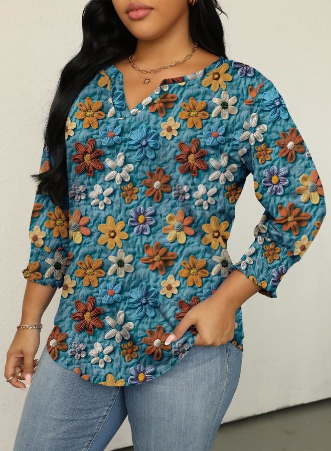 TFSDOD Womens Plus Size Tops 3/4 Sleeve Blouses Summer V Neck Shirts Smocked Cuffs Spring Outfits 1X-5X, Blue Red Floral, XL Plus - Image 2