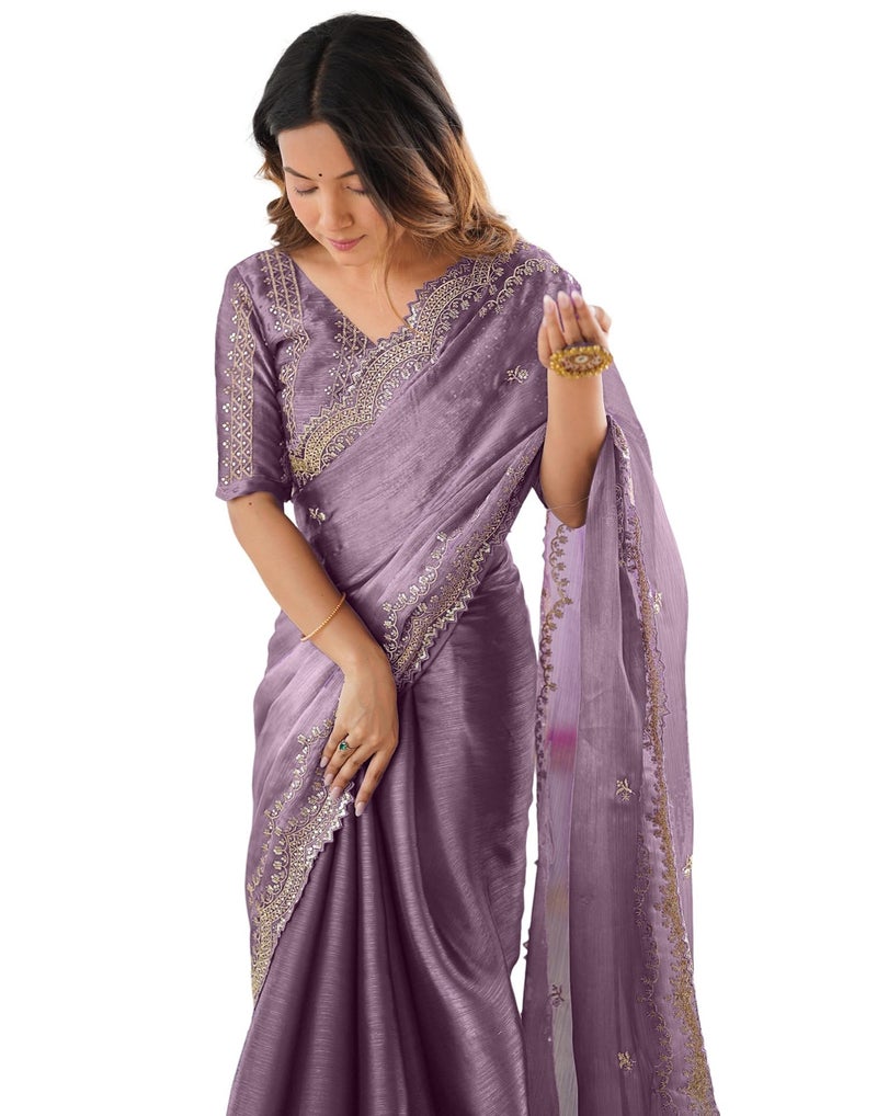 SIRIL Women's Shimmer Chiffon Sequence Embroidery Saree with Unstitched blouse Piece (4317S169_Dusty Mauve) - Image 1