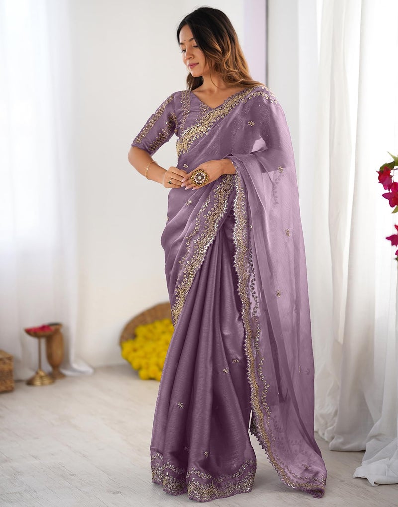 SIRIL Women's Shimmer Chiffon Sequence Embroidery Saree with Unstitched blouse Piece (4317S169_Dusty Mauve) - Image 3