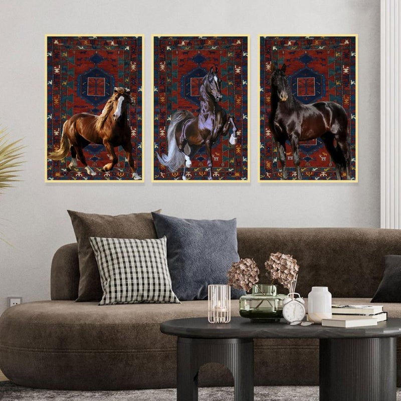 Marktna Three canvas paintings with a horse design and a hollow frame, measuring (90×40), three pieces - Image 1