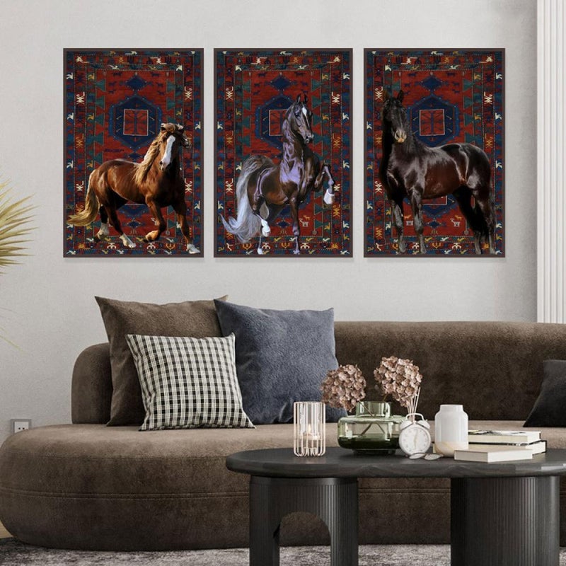 Marktna Three canvas paintings with a horse design and a hollow frame, measuring (90×40), three pieces - Image 3