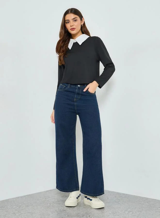 تايك تو بلوزة بأكمام طويلة وياقة بلون متباين