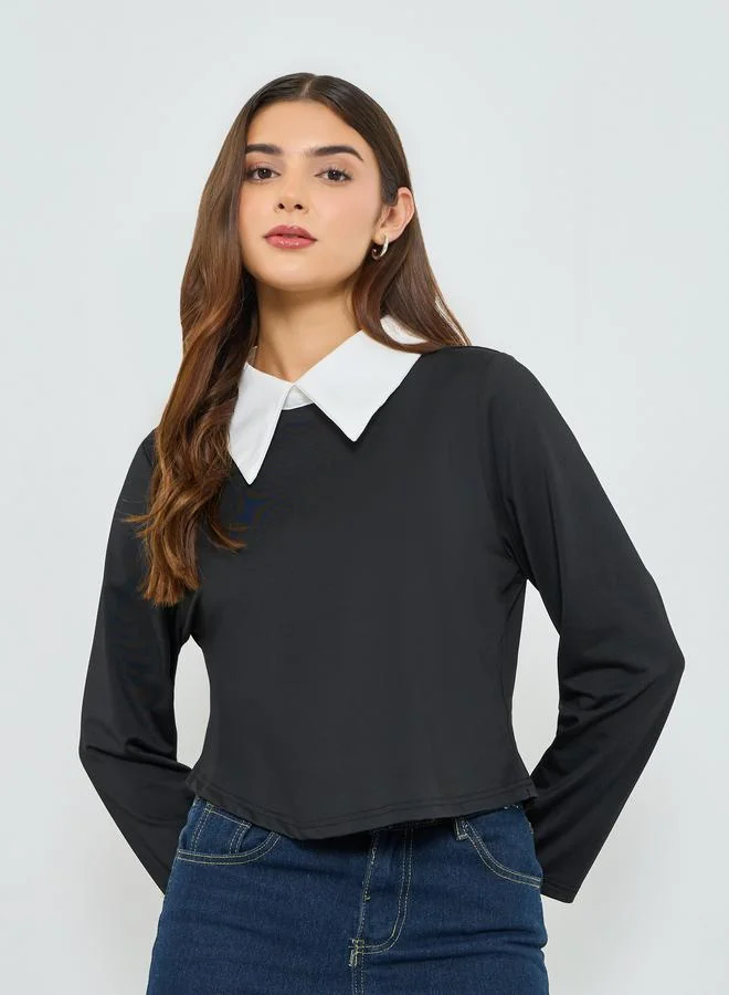 تايك تو بلوزة بأكمام طويلة وياقة بلون متباين