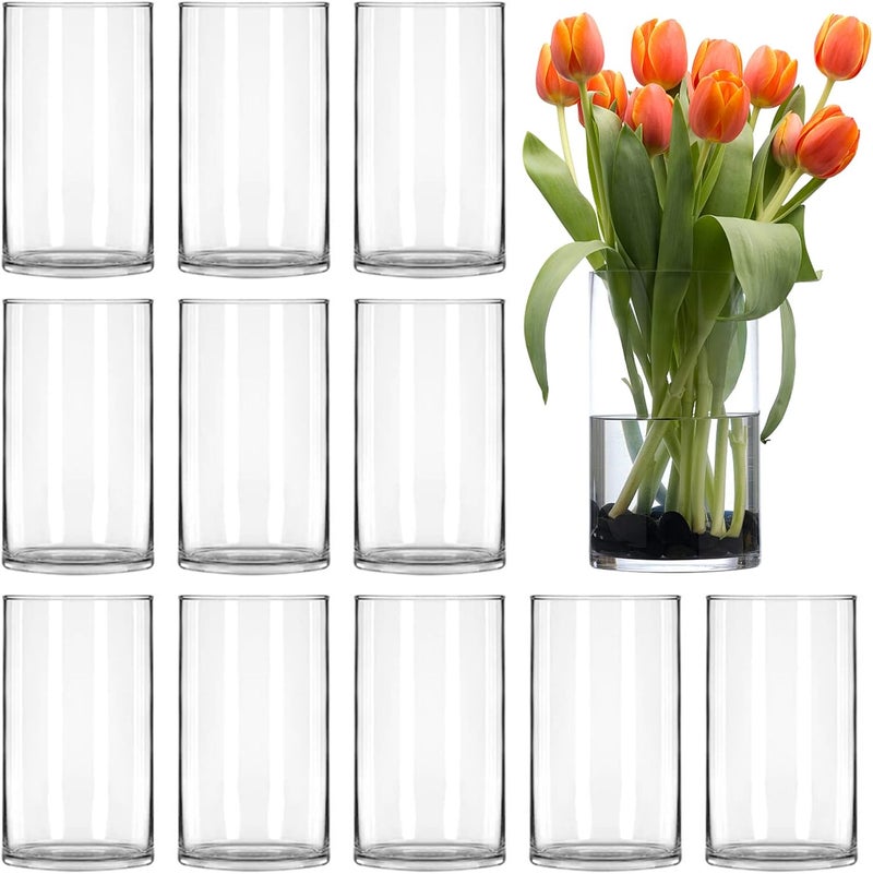 BIGIVACA مزهريات زجاجية شفافة بارتفاع 6 بوصات، مزهريات أسطوانية للزهور والنباتات بالجملة، حوامل شموع لديكور المنزل والقطع المركزية في حفلات الزفاف. مجموعة من 12 قطعة. - Image 1