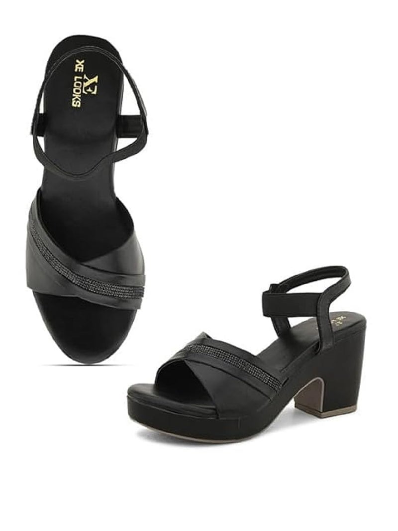 XE Looks Black Fashion Sandals | Faux Leather Comfortable,Casual and Stylish Block Heel With Ankle Straps | For Wedding Occasion| For Women & Girls UK-4 - Image 1
