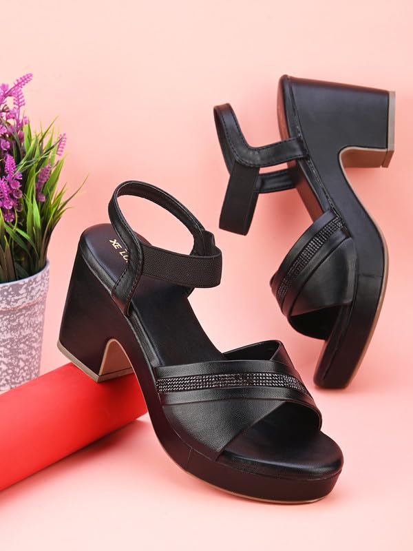 XE Looks Black Fashion Sandals | Faux Leather Comfortable,Casual and Stylish Block Heel With Ankle Straps | For Wedding Occasion| For Women & Girls UK-4 - Image 2