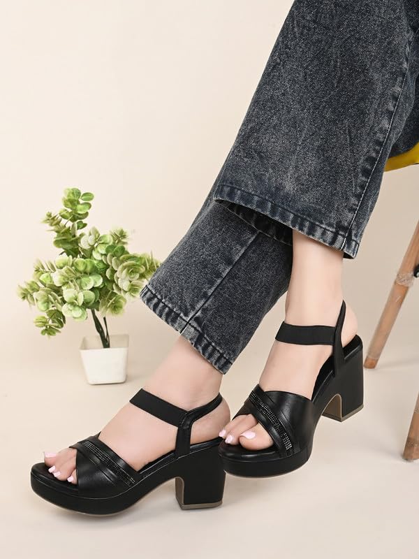 XE Looks Black Fashion Sandals | Faux Leather Comfortable,Casual and Stylish Block Heel With Ankle Straps | For Wedding Occasion| For Women & Girls UK-4 - Image 4