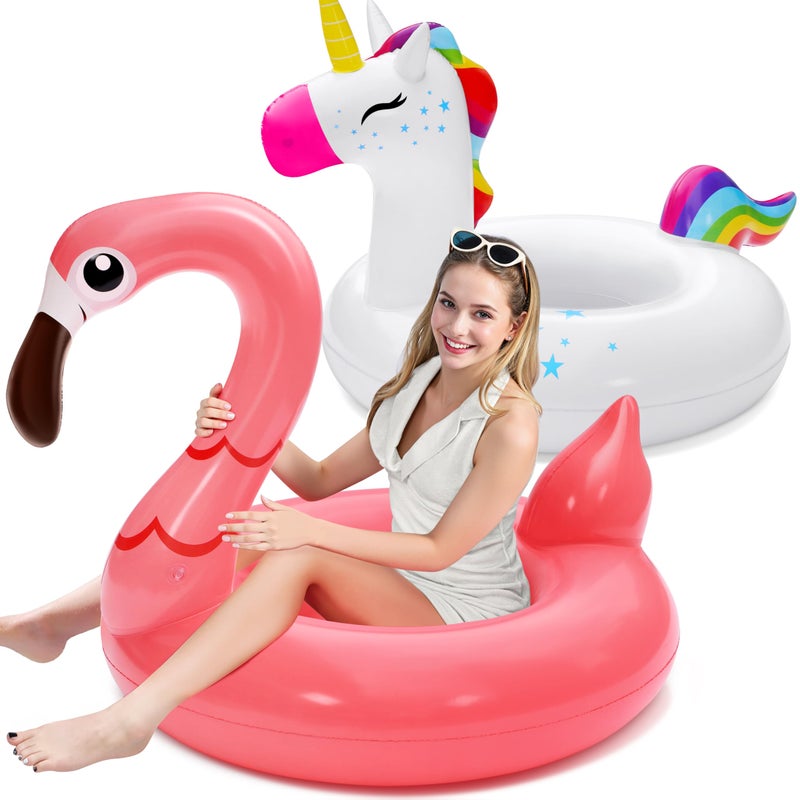 SLOOSH 2Pack Unicorn Flamingo Pool Floats Inflatable Pool Floaties Swimming Party Decorations Fun Float Swim Rings Floating Tubes Beach Lake Summer Vacation Floaty with Headrest for Adults Kids - Image 2
