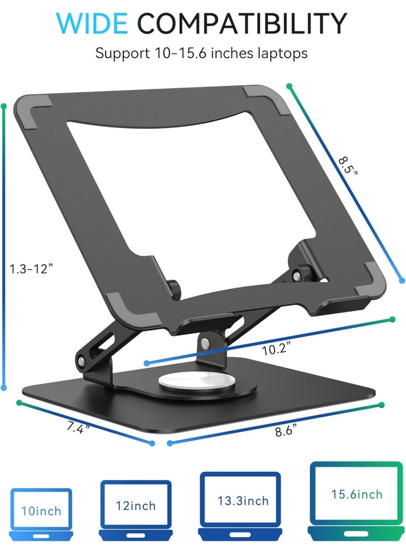 KISSUN Laptop Stand with 360° Rotating Base, Ergonomic Computer Riser for Desk, Adjutable Height Muti-Angle, Foldable Laptop Mount, Stable Metal Holder Support 10-15.6" Notebook PC, Black - Image 3