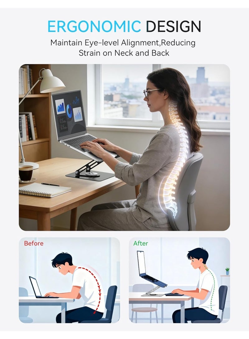 KISSUN Laptop Stand with 360° Rotating Base, Ergonomic Computer Riser for Desk, Adjutable Height Muti-Angle, Foldable Laptop Mount, Stable Metal Holder Support 10-15.6" Notebook PC, Black - Image 5