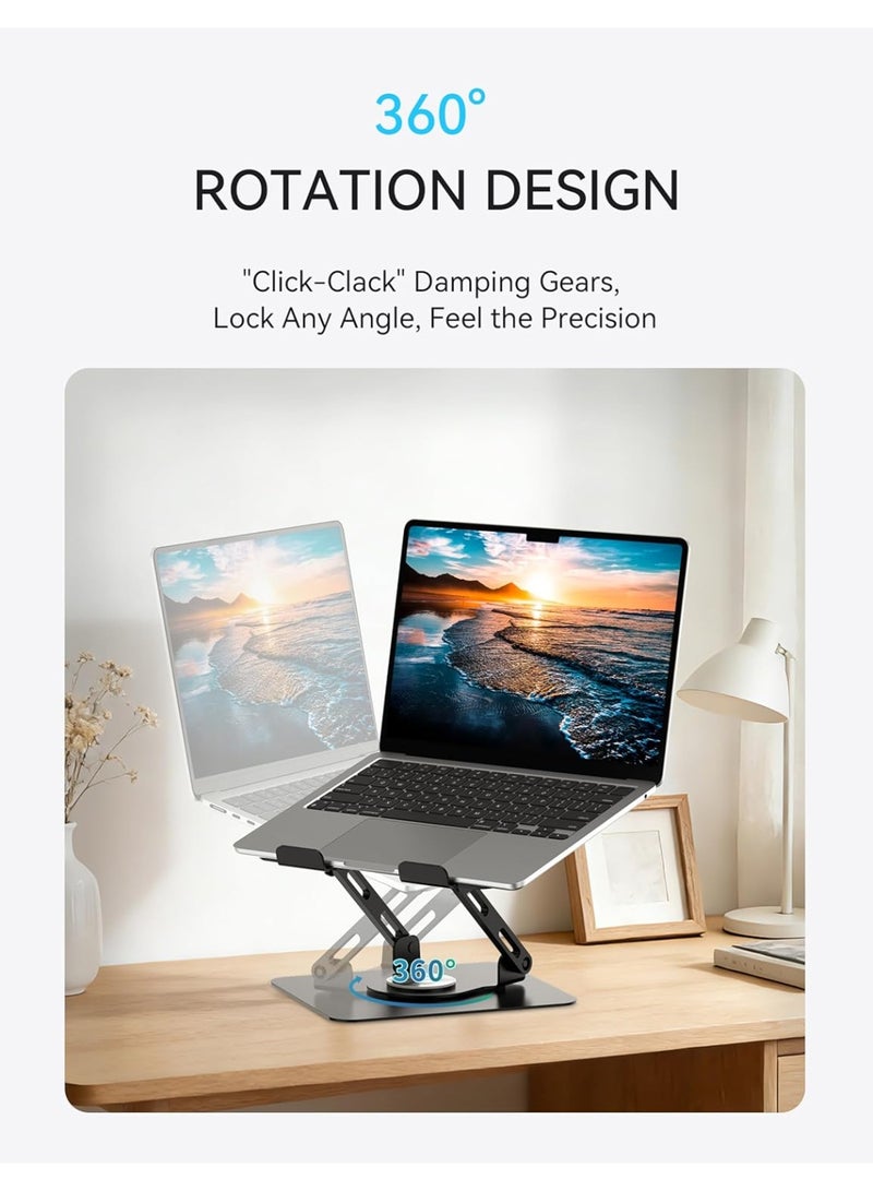 KISSUN Laptop Stand with 360° Rotating Base, Ergonomic Computer Riser for Desk, Adjutable Height Muti-Angle, Foldable Laptop Mount, Stable Metal Holder Support 10-15.6" Notebook PC, Black - Image 4