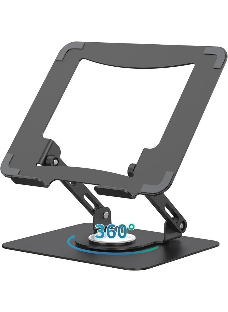 KISSUN Laptop Stand with 360° Rotating Base, Ergonomic Computer Riser for Desk, Adjutable Height Muti-Angle, Foldable Laptop Mount, Stable Metal Holder Support 10-15.6" Notebook PC, Black - Image 1