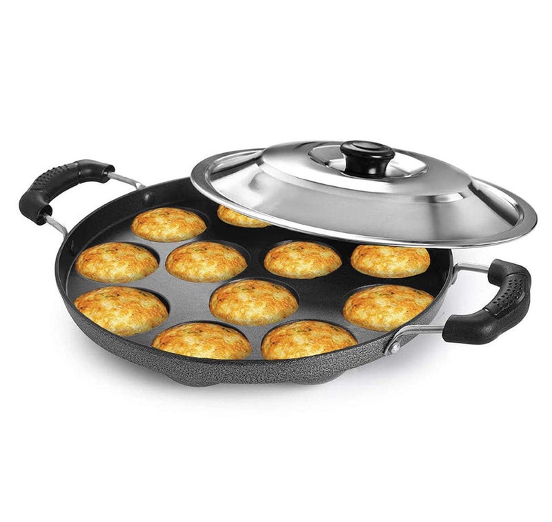 AADHIK Appam Pan with Lid Appam Maker 12 Cavity Appam Chatty Appam Pan Aluminium Appam Kadai Non Stick with Lid Grey - Image 1