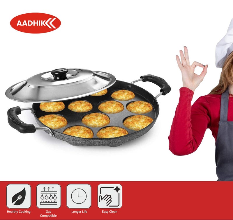 AADHIK Appam Pan with Lid Appam Maker 12 Cavity Appam Chatty Appam Pan Aluminium Appam Kadai Non Stick with Lid Grey - Image 4