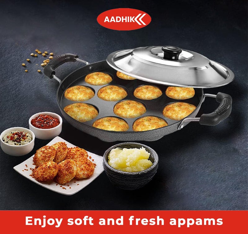 AADHIK Appam Pan with Lid Appam Maker 12 Cavity Appam Chatty Appam Pan Aluminium Appam Kadai Non Stick with Lid Grey - Image 2