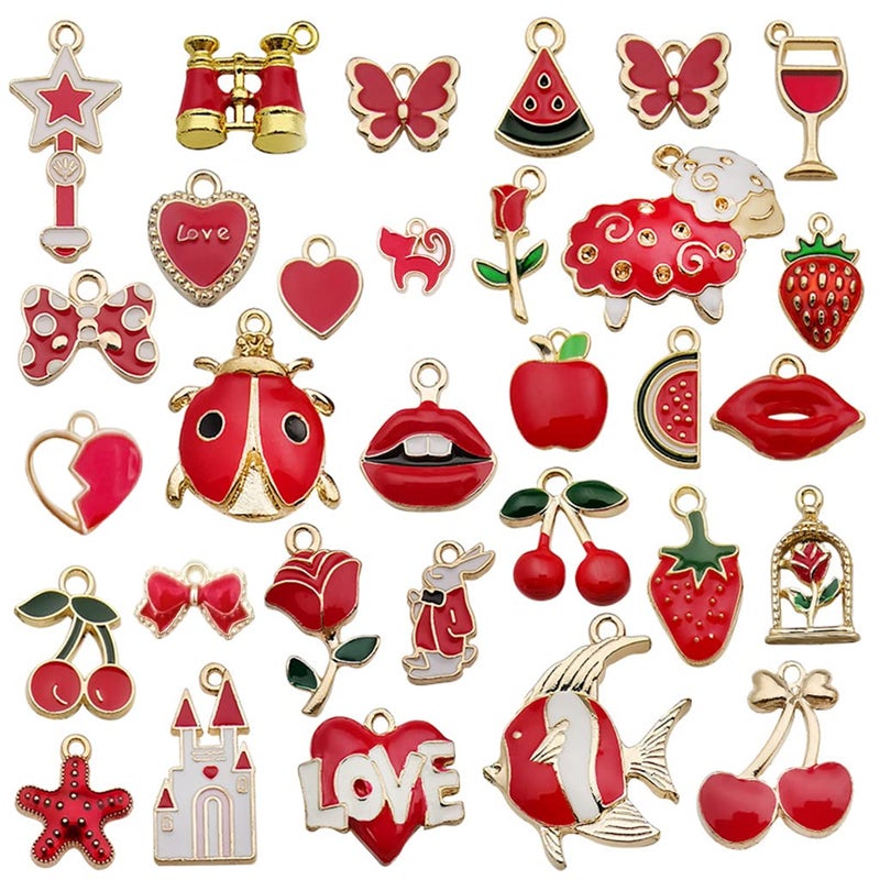 ZIBUYU Pendant Charms for Jewellery Making Kit Assorted Cartoon Red Enamel Pendants Gold Plated DIY Charms Necklace Bracelets Pendent for Making Jewelry and DIY Crafting Kids 31 Pcs - Image 1