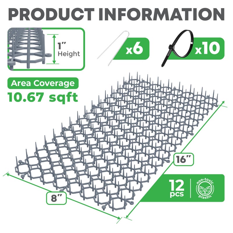 Petfolio 12 Pack Scat Mat for Cats - 16 x 8 Inch Cat Deterrent Mat with Spikes with 1 Inch Spikes, 6 Garden Staples & 10 Zip Ties. Pet Training Mat for Cat Repellent Indoor & Outdoor - Image 2