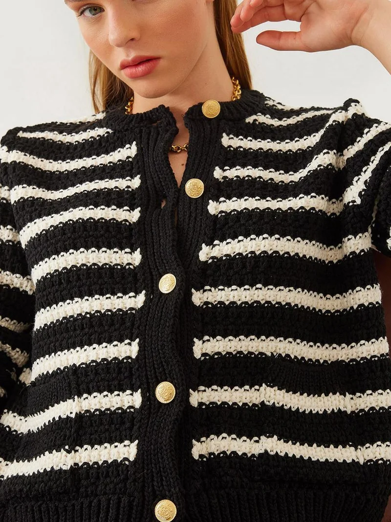 LUCCI Striped Button-Up Knit Cardigan