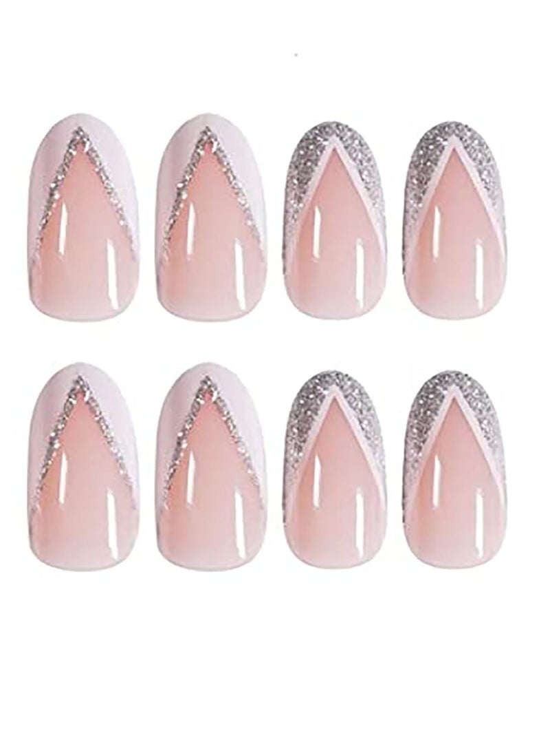Suntown Nail Patches Silver Side StyleFake Nails Short Press on Nails Square Crystal False Nails Prom Nails Full Cover Nails Tips 24pcs for Women and Girls et Shipped Without Glue - Image 1