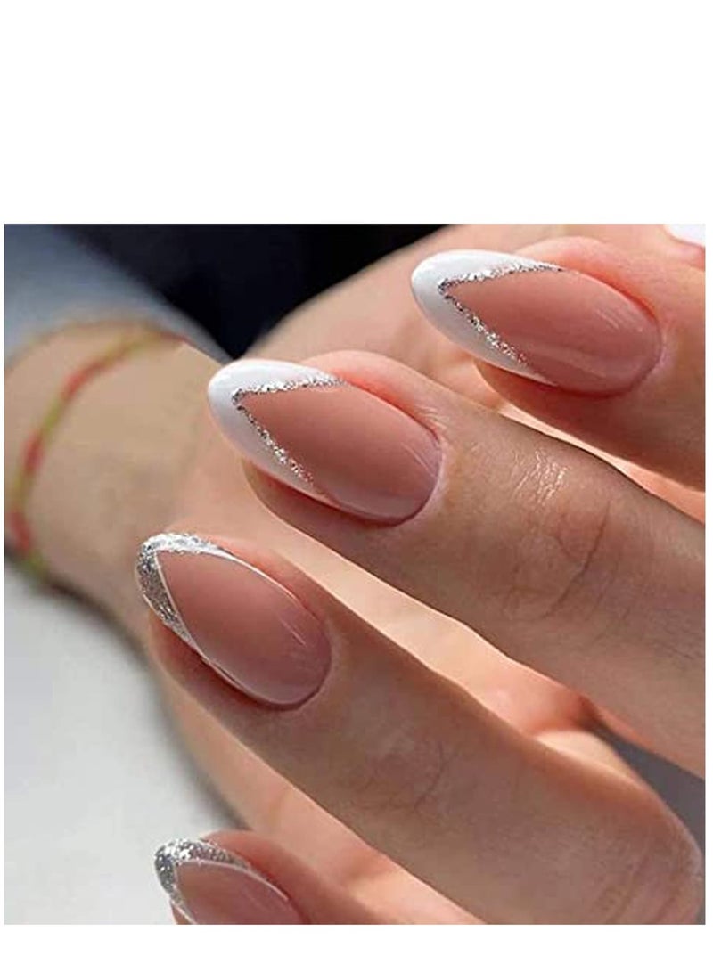 Suntown Nail Patches Silver Side StyleFake Nails Short Press on Nails Square Crystal False Nails Prom Nails Full Cover Nails Tips 24pcs for Women and Girls et Shipped Without Glue - Image 2